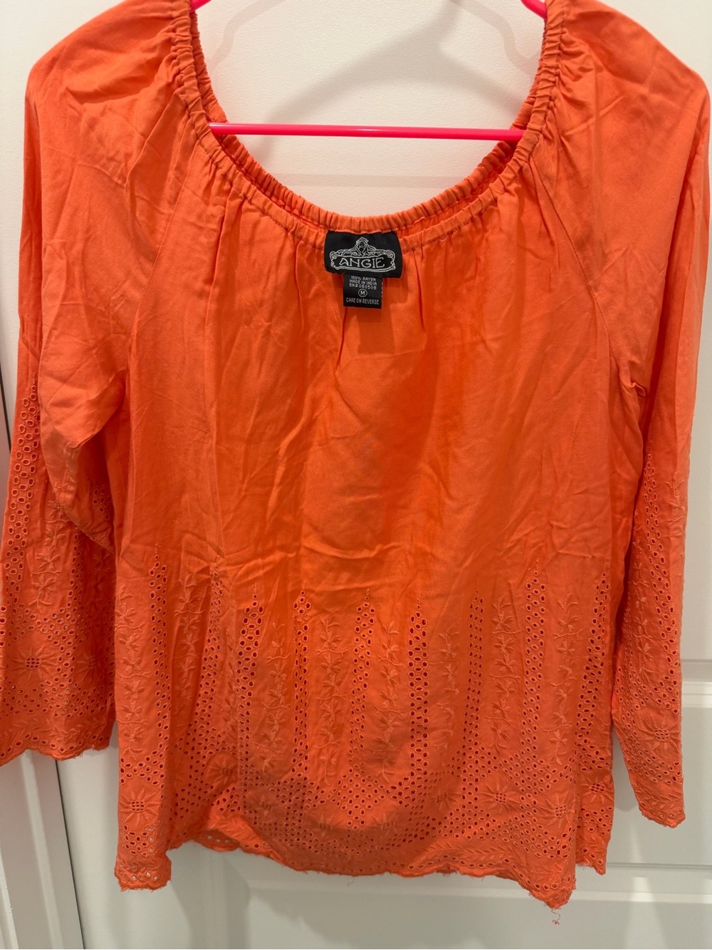 Angie Bright Orange Eyelet Peasant Top